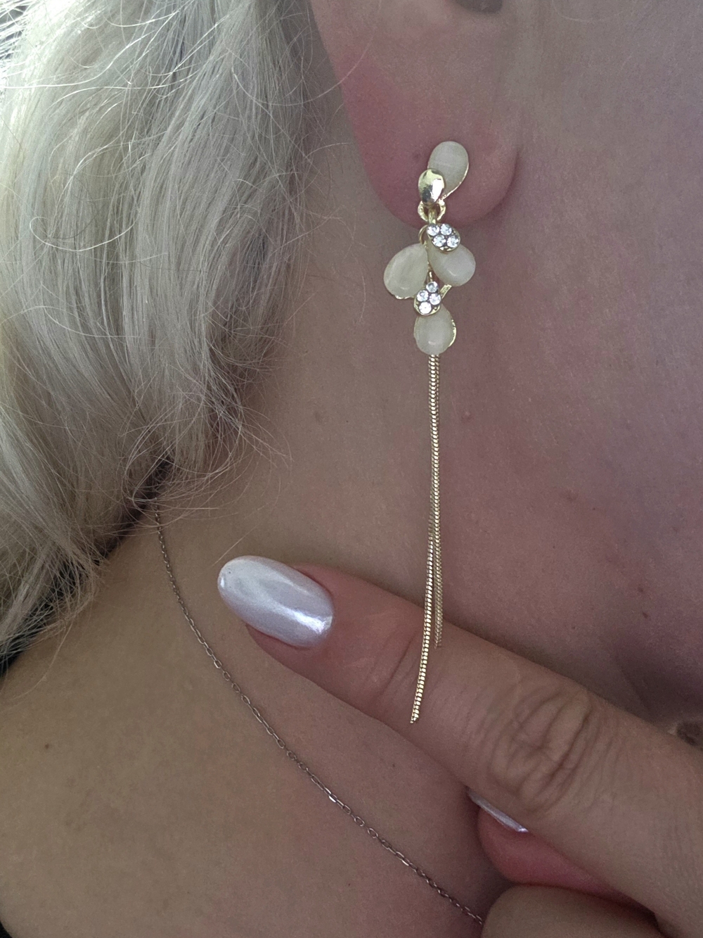 Gold and Cream Floral Drop Earrings with Crystal Accents